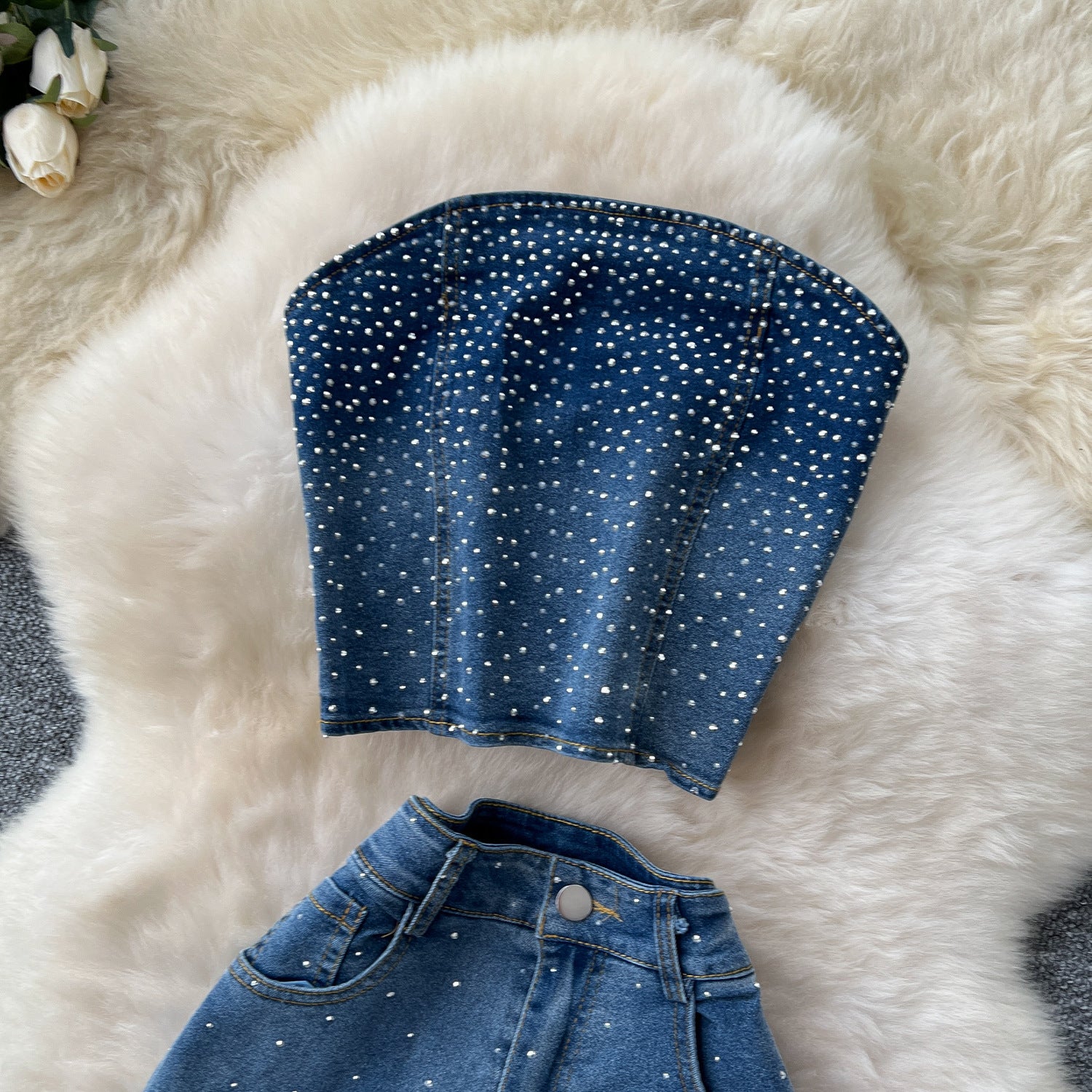 Fashion Beaded Denim summer Strapless Vest High Waist Denim Bell Bottom Trousers Two Piece Set for Women 5
