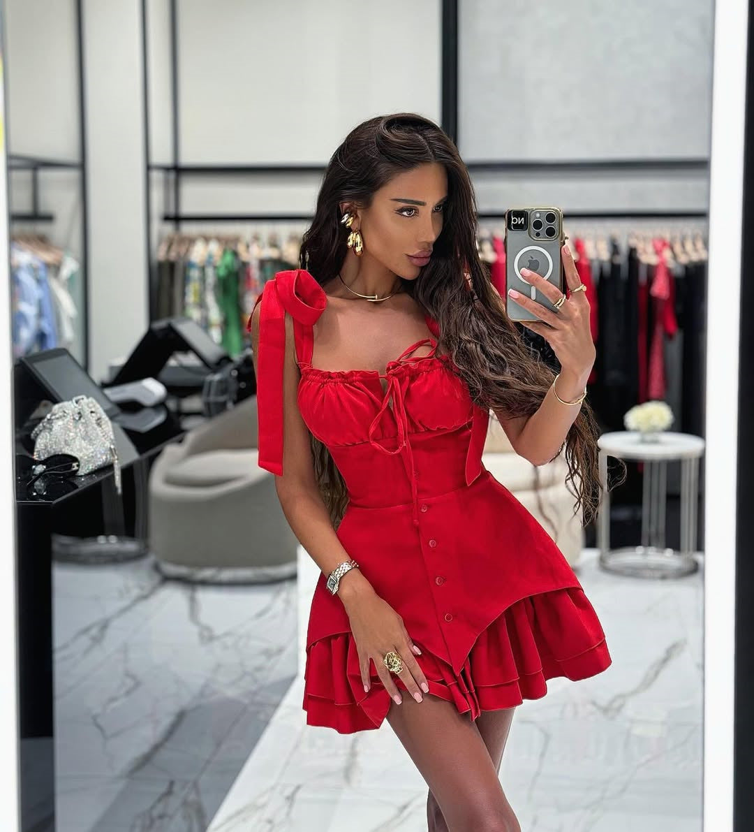 Women Summer Bow Tie Buttoned Irregular Strap Dress 8