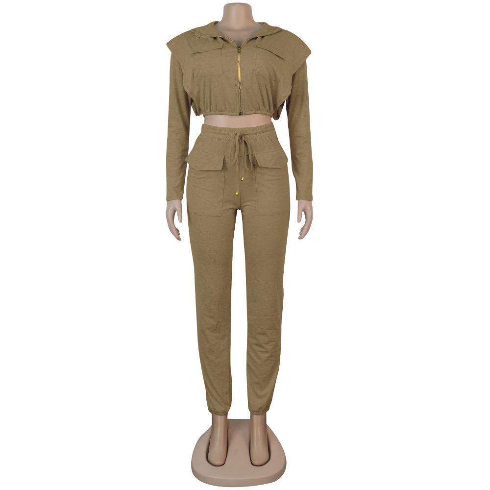 Women Sexy Zip with Cap Long Sleeve Top + Trousers Two-piece Set 20