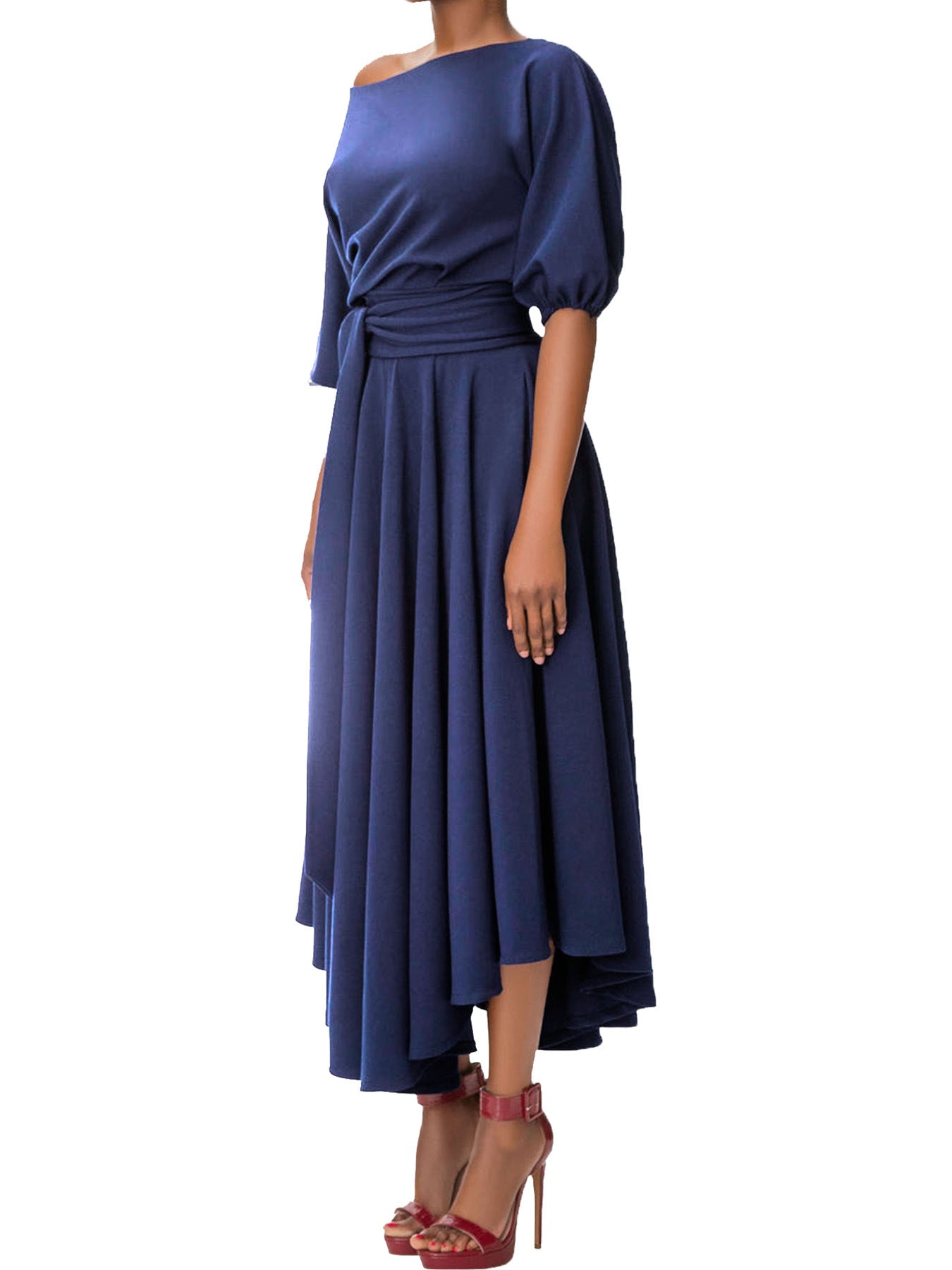 Chic Elegant Solid Color Slash Shoulder Belt Irregular Dress 19