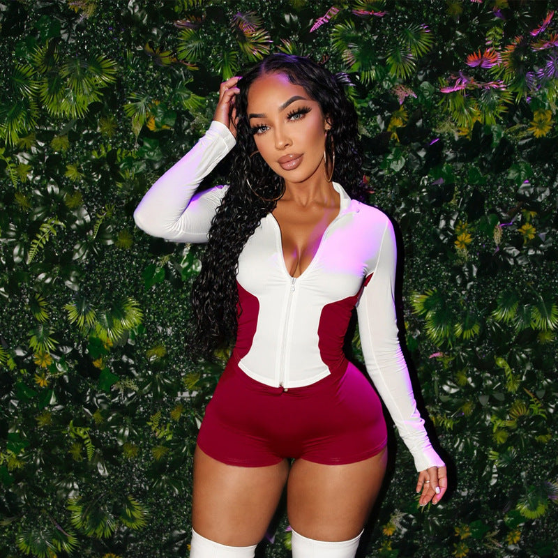 Women Stand Collar Contrast Patchwork Long Sleeve Finger Zipper Top Knot Shorts Two-Piece Set 40