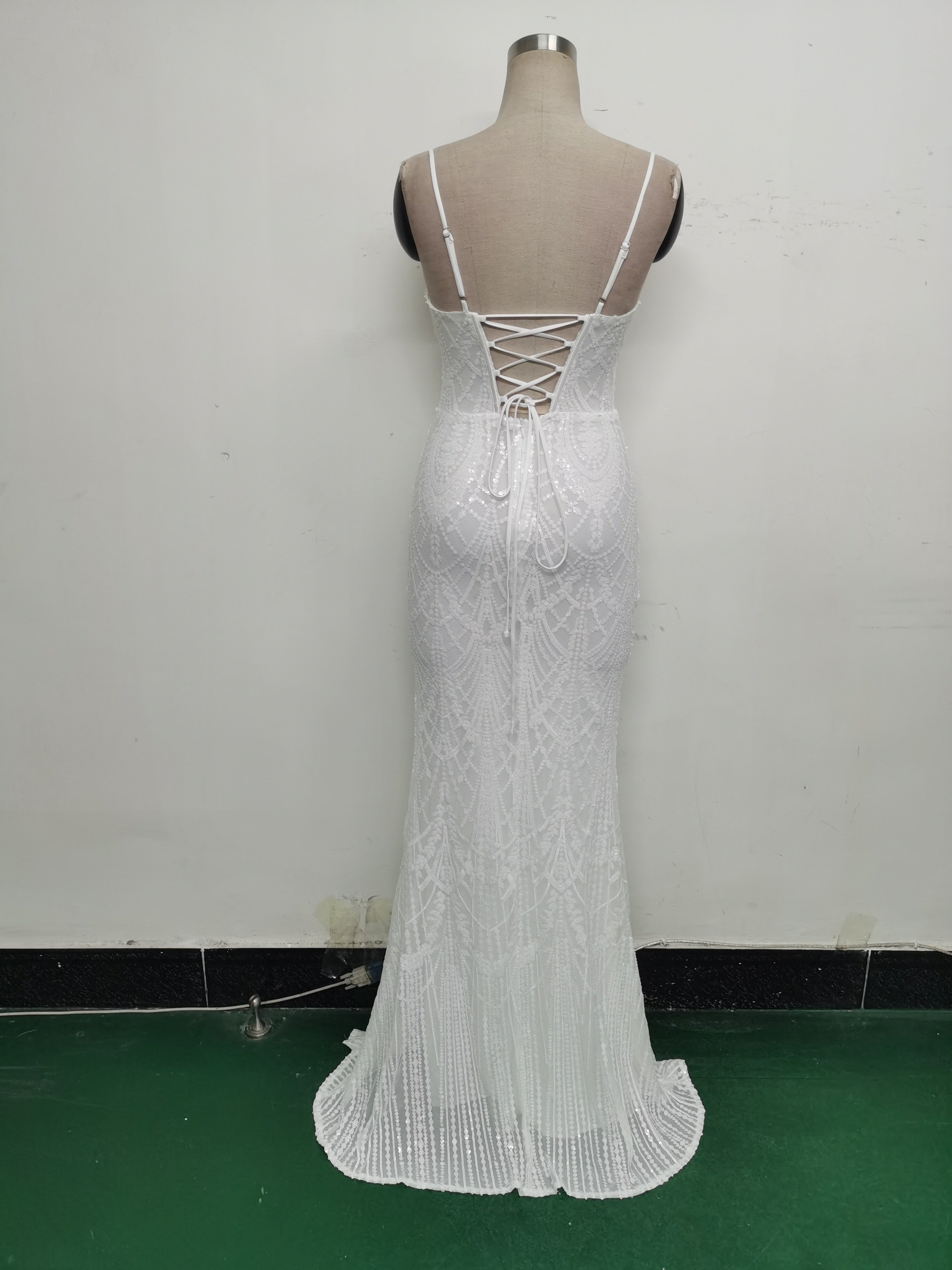 Women Beaded Tube Fishbone Lace-Up Sequin Formal Party Evening Dress 32