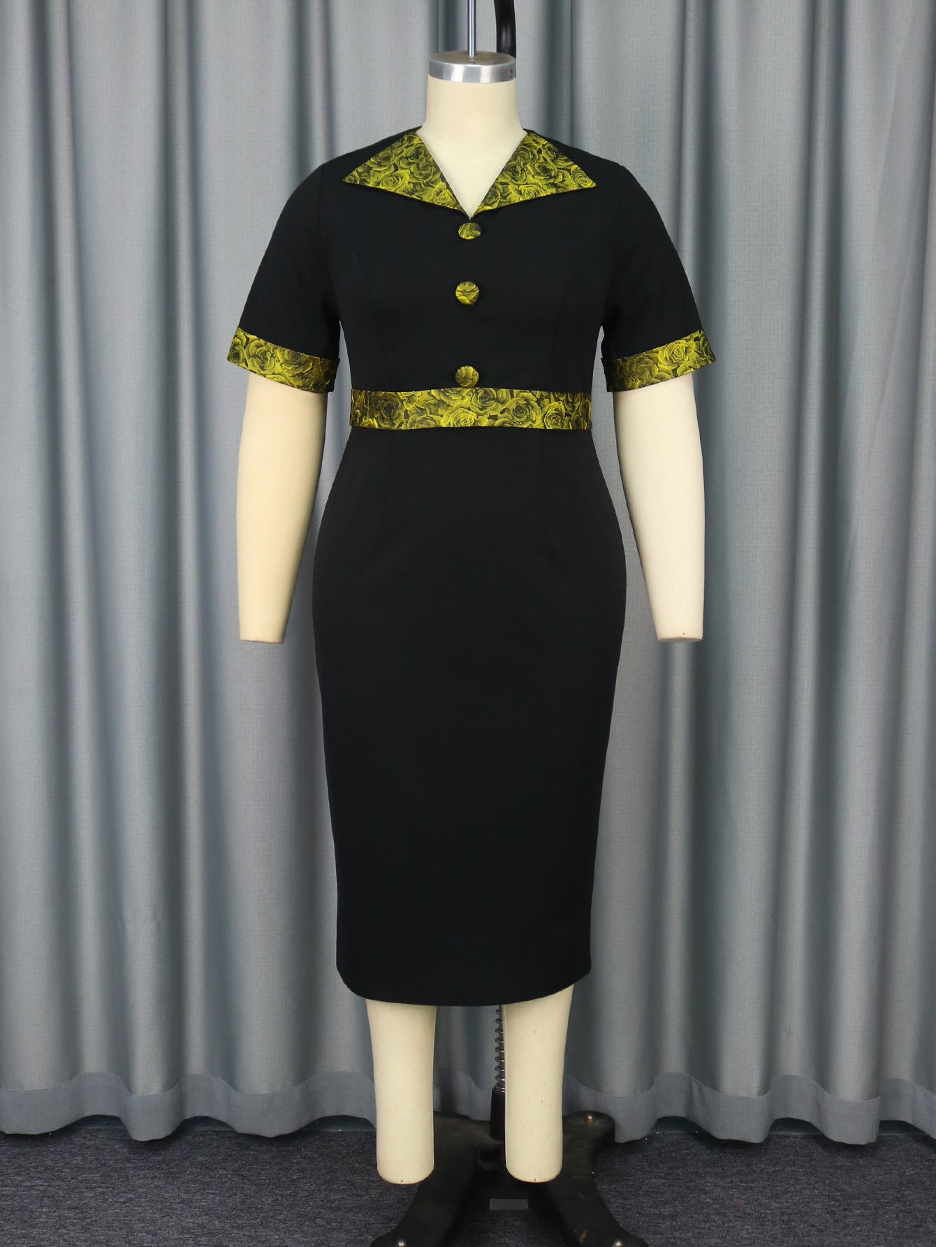 Plus Size Contrast Color Turndown Collar Slim Waist Fashion Elegant Slit Bodycon Dress 4