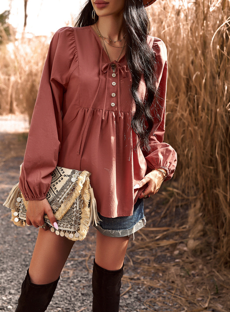 Women Chic Career Solid V Neck Long Sleeve Top 28