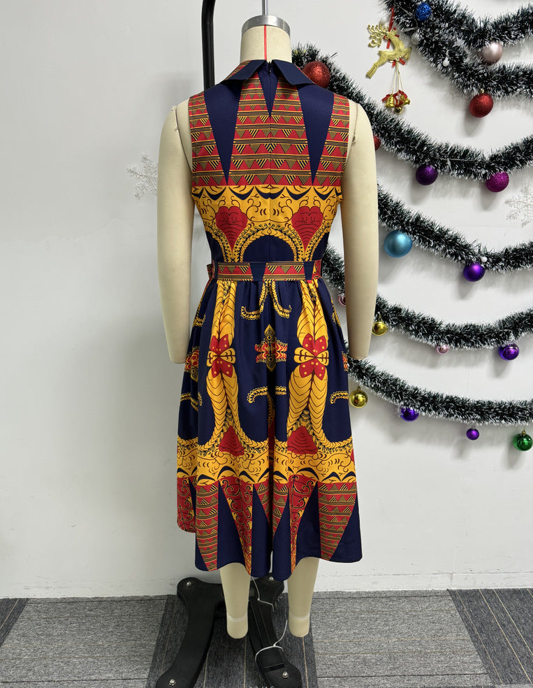 Sexy Printed Turndown Collar Sleeveless Slim Waist African Dress 7