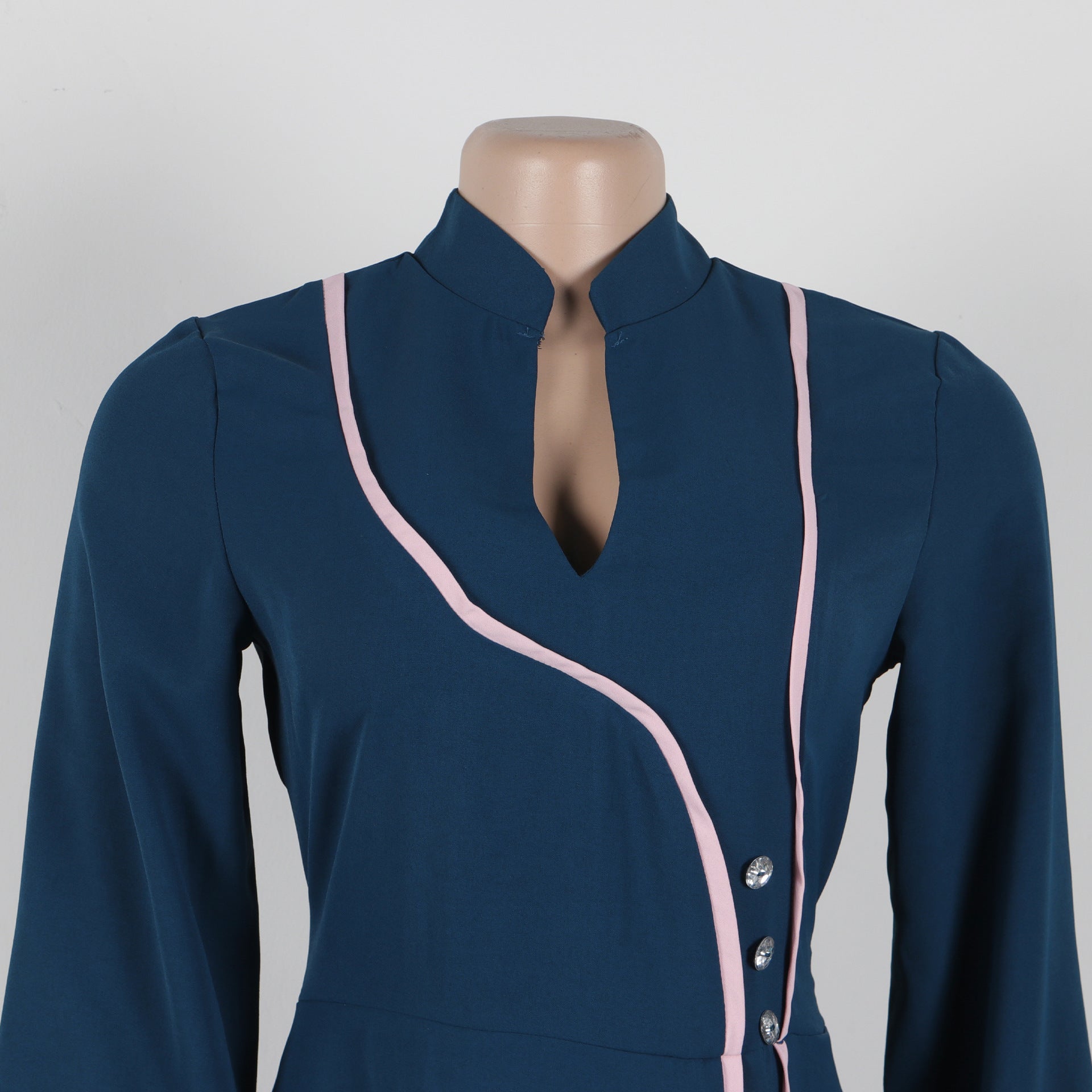 Patchwork Contrast Color Long Sleeve Slim Waist A-Line Dress 8