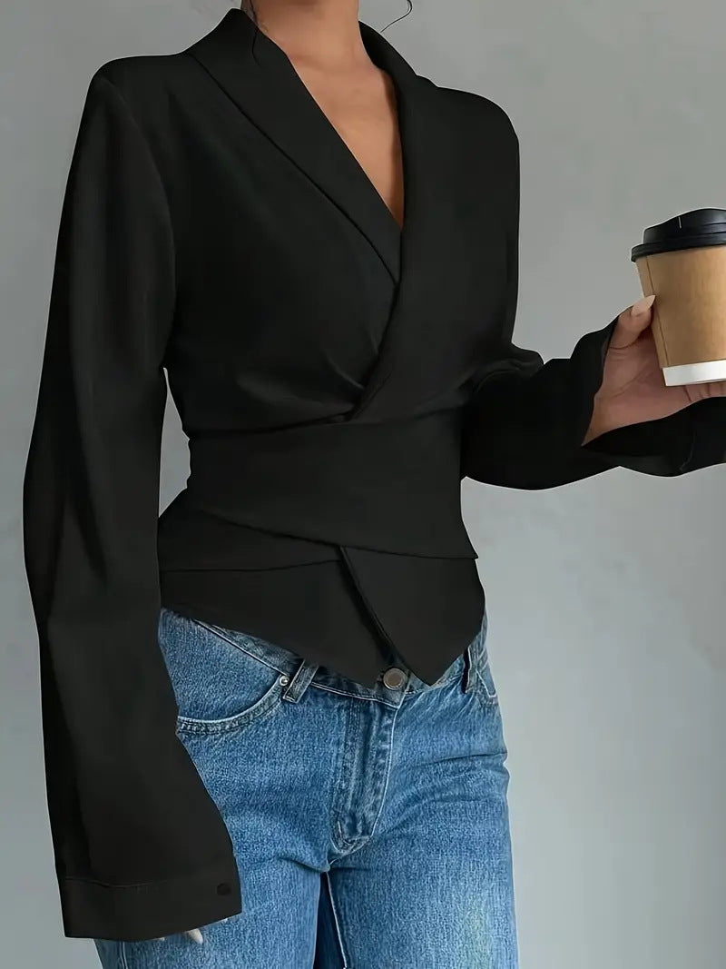 Fashion Lace-Up Solid Color Women's Long Sleeve Turndown Collar Shirt