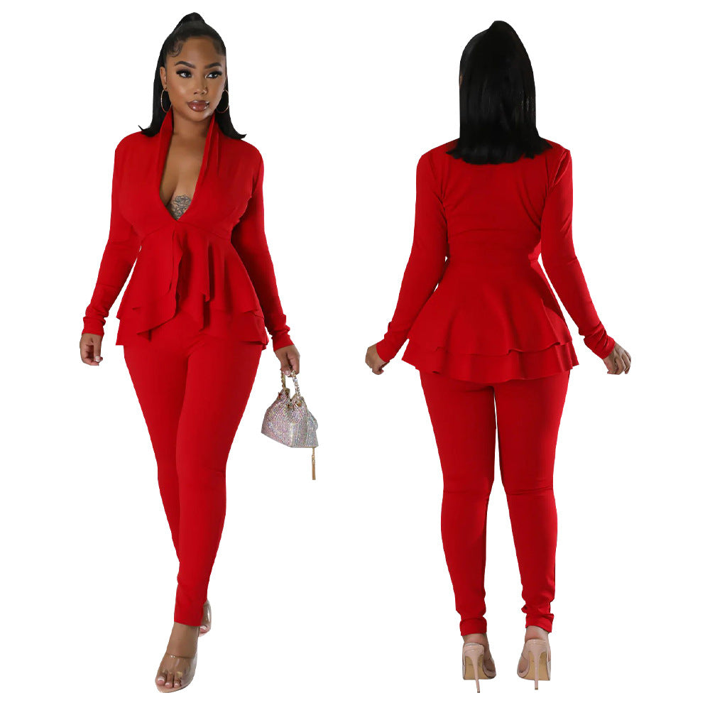 Women'S Autumn Solid Ruffle Deep V Neck Long Sleeve Top Pencil Pants Two Piece Set 8