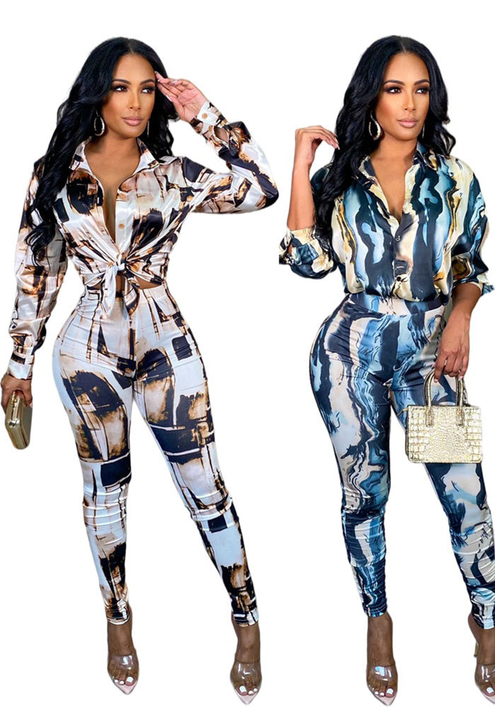 Glossy Irregular Printed Women's Shirt Pencil Pants Two Piece Set