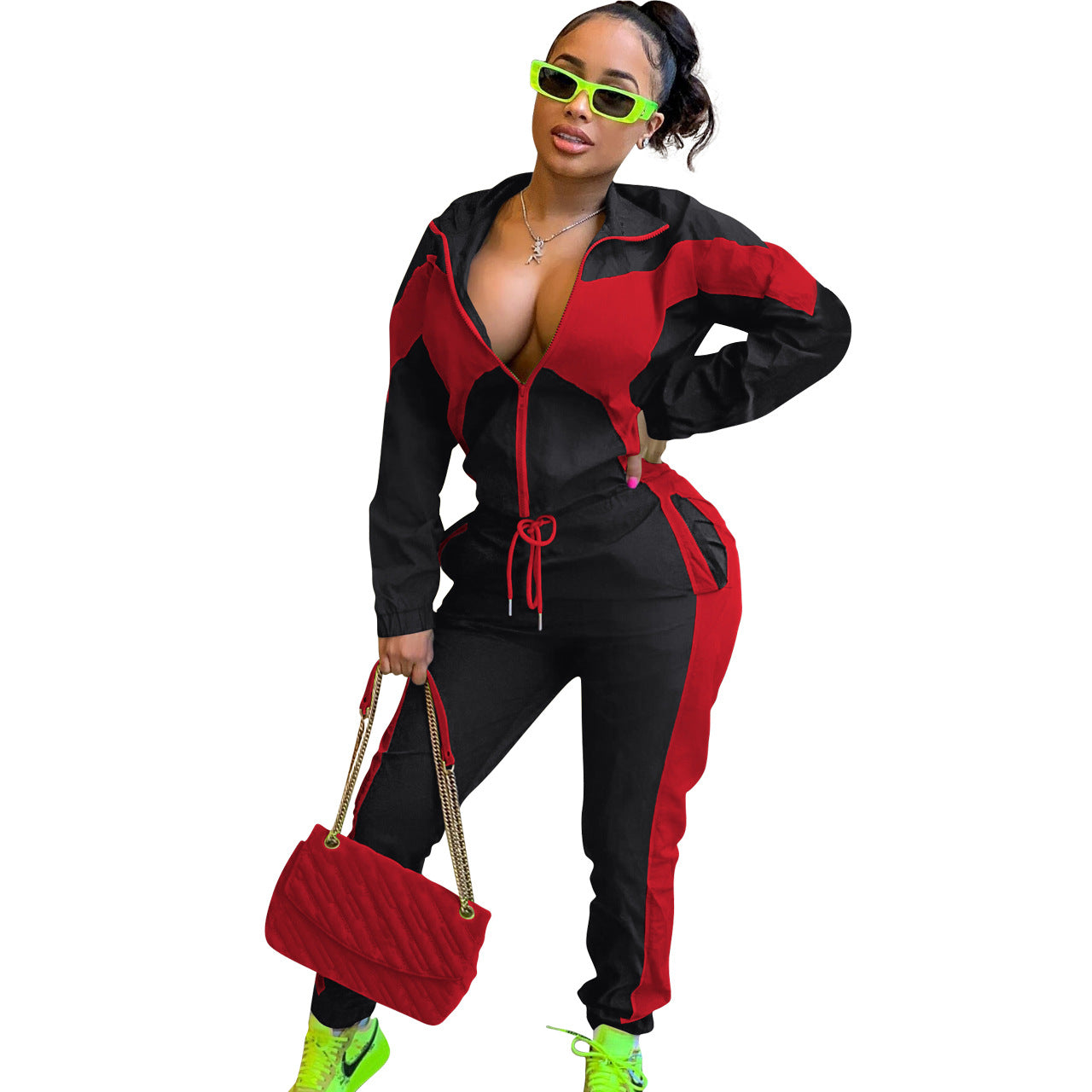 Women'S Casual Fashion Colorblock Zipper Two Piece Women'S Sport Pants Set 4
