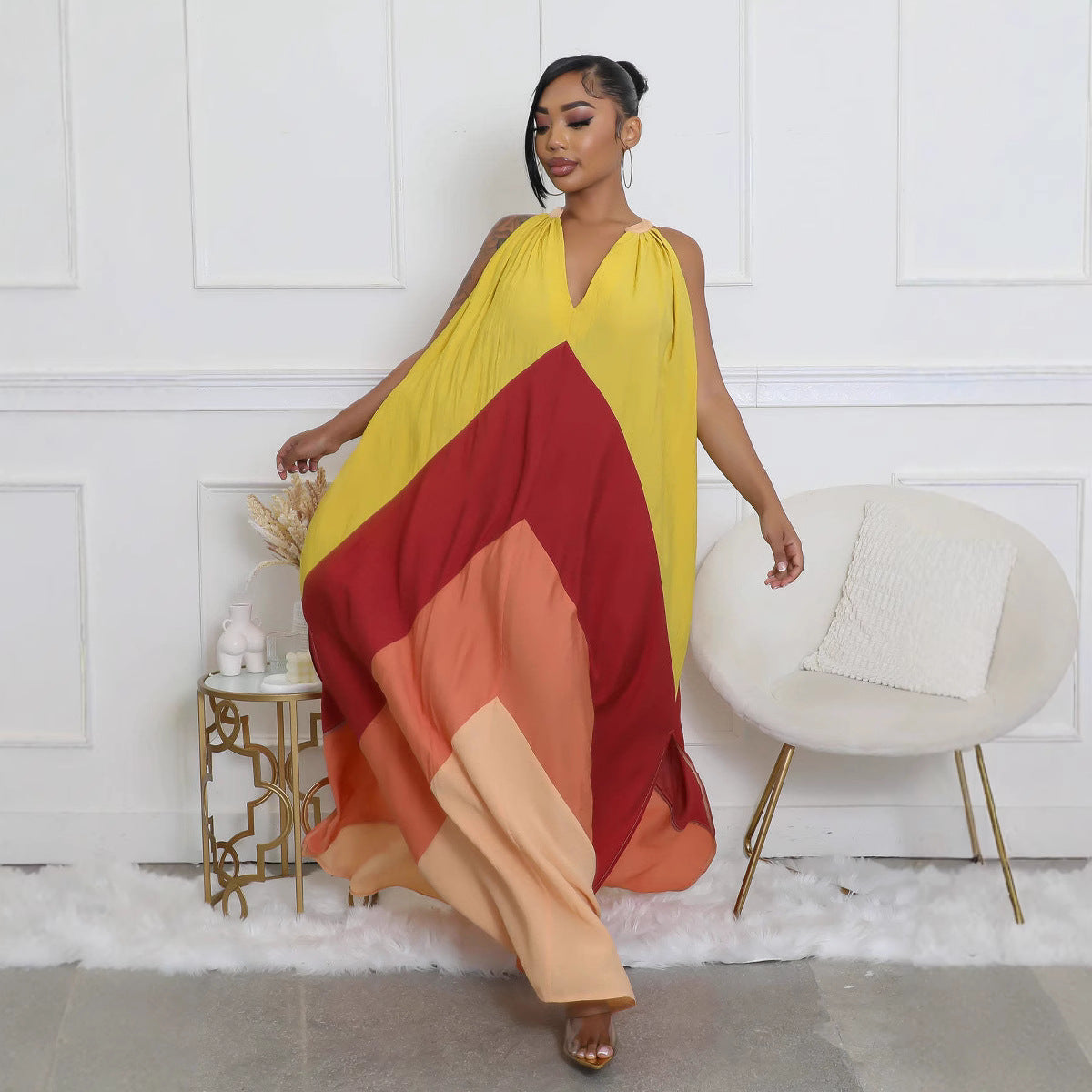 Women Summer V-Neck Long Contrast Sleeveless Holidays Dress 5