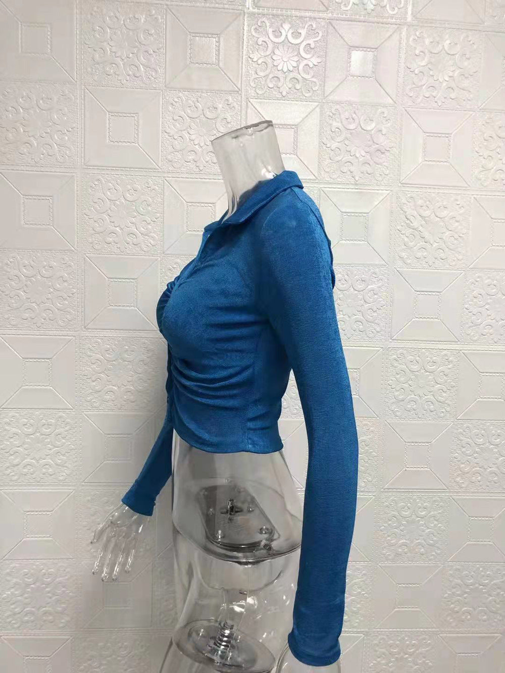 Women Sexy Pleated Turndown Collar Long Sleeve Shirt 25