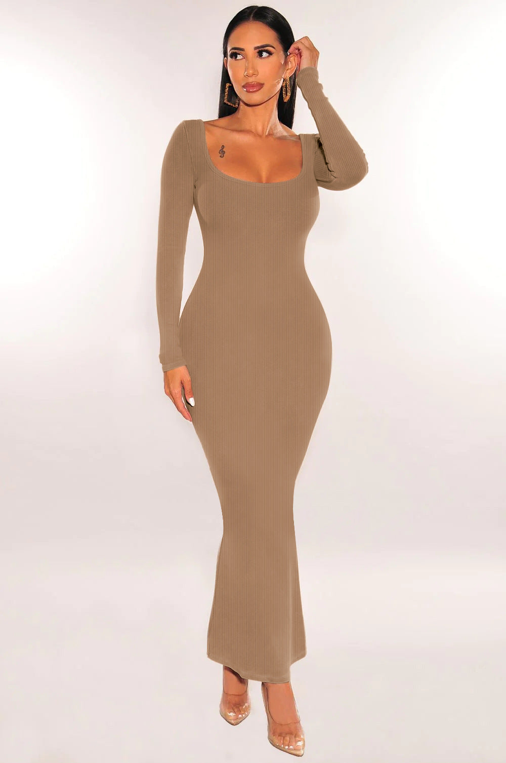 Women autumn square neck long sleeve knitting dress 4