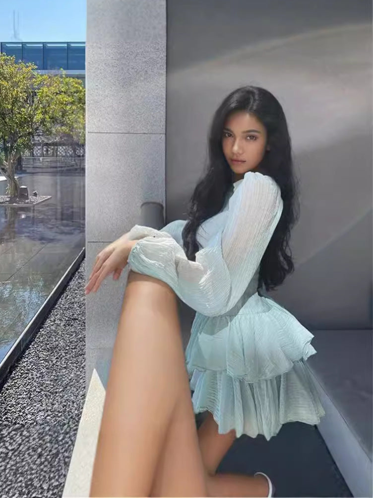 Women'sautumn fashion solid color puff sleeve Cascading Ruffles chiffon dress 6