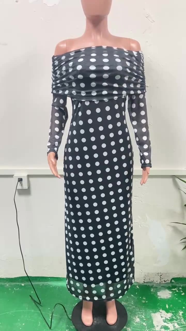 Women Spring Summer Mesh Polka Dot Off Shoulder Dress 9