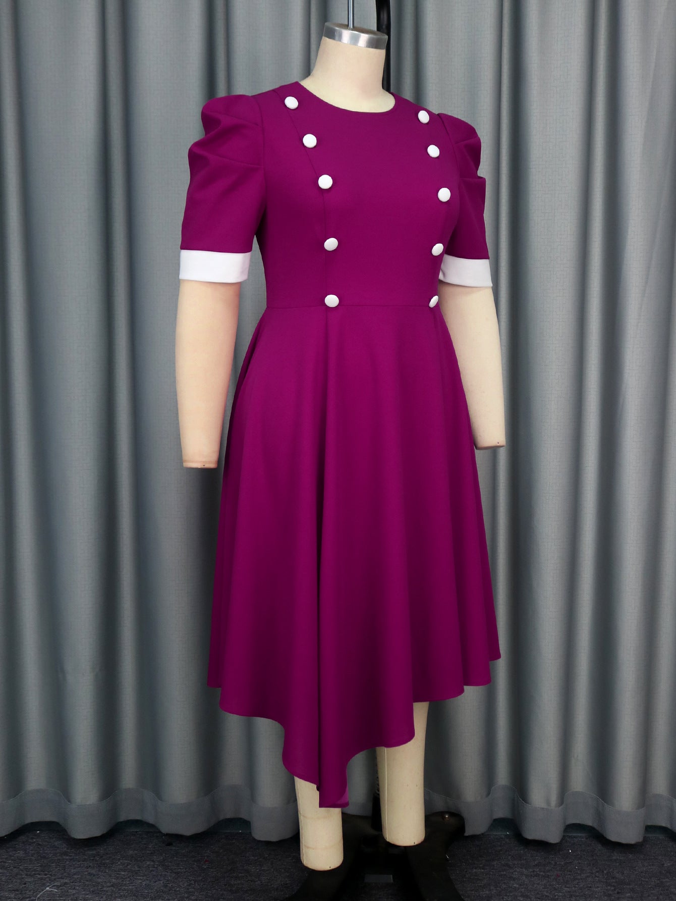 Plus Size Contrast Color Round-Neck Short-Sleeve Elegant Party Cocktail A-Line Dress 4