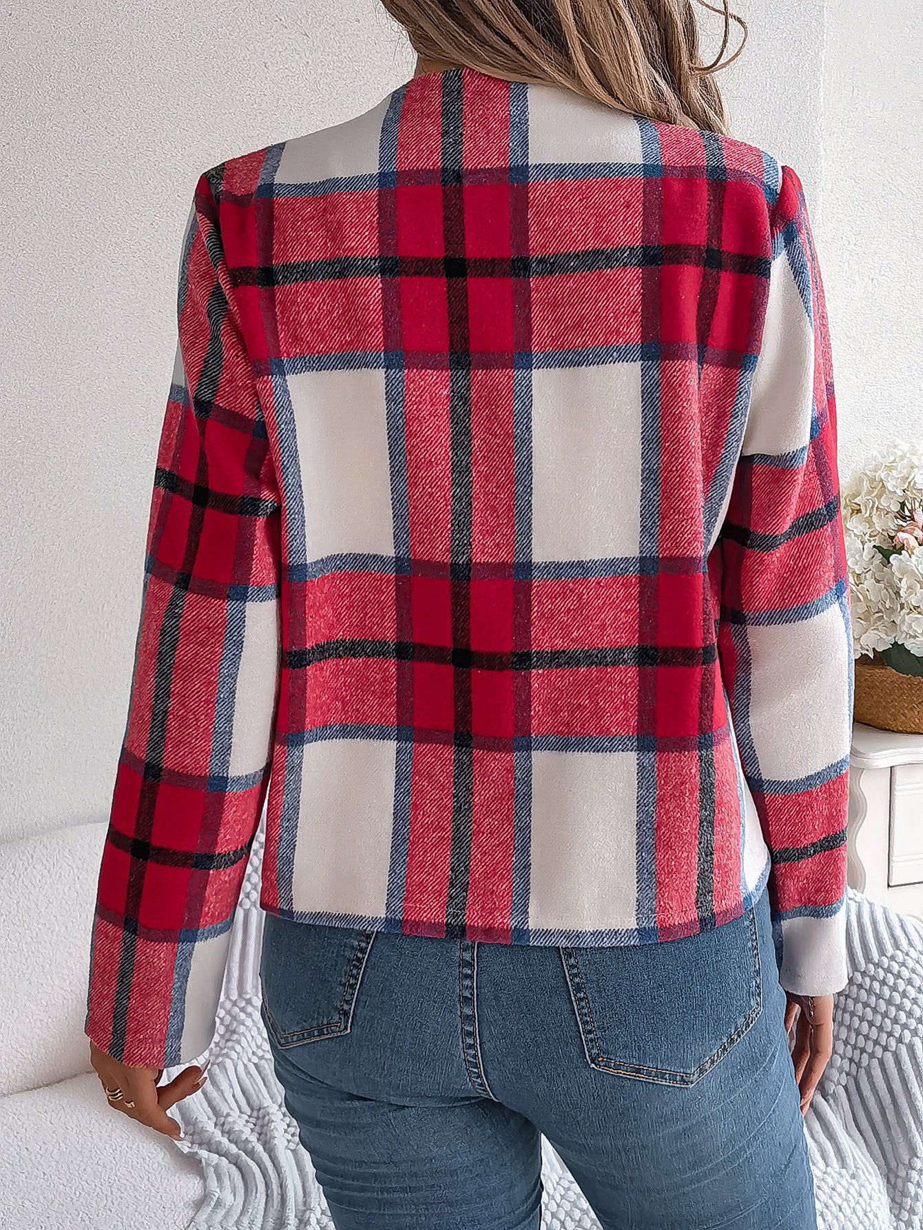 Autumn Winter Casual Plaid Long Sleeve Women Tweed Coat 12
