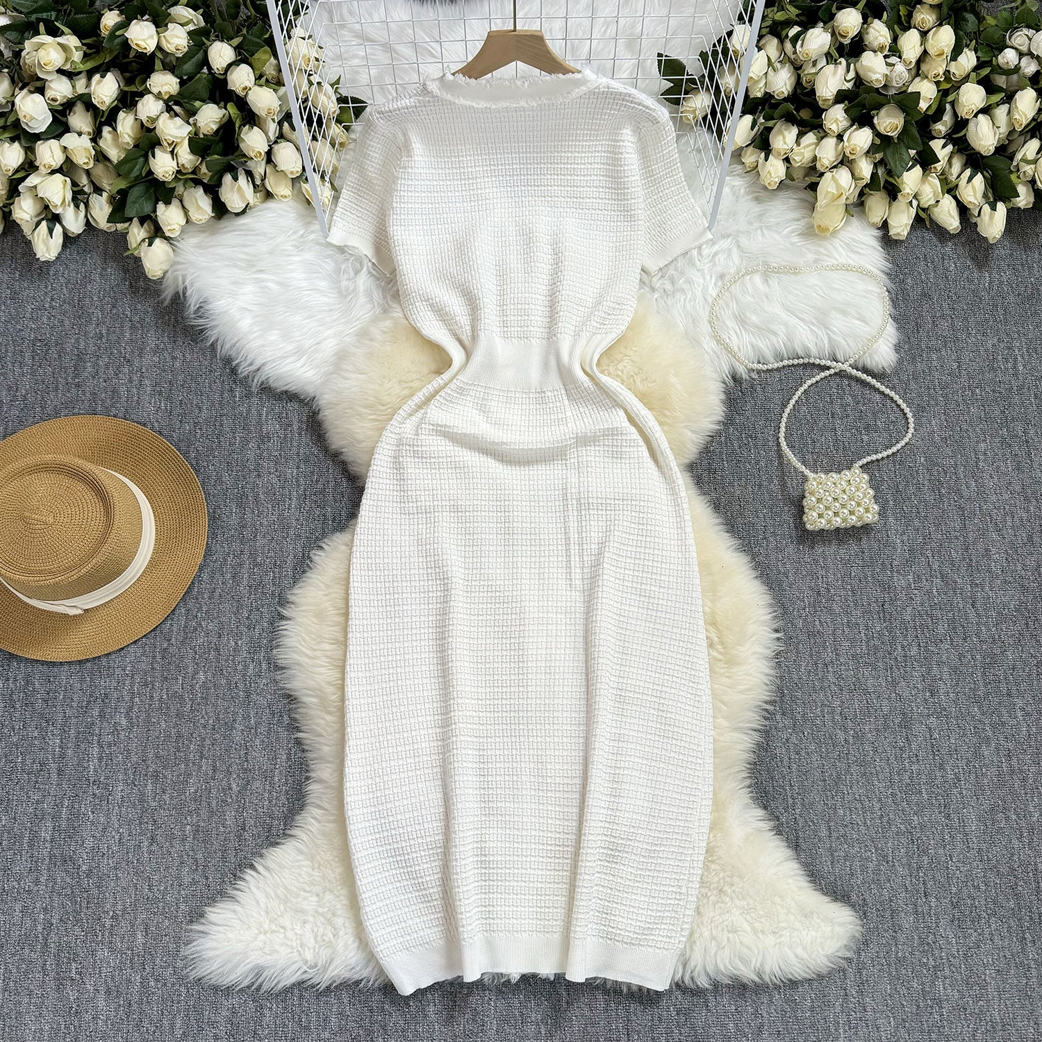 Summer Women's Buttoned Short-Sleeved V-Neck Slim Waist Slim Knitting Dress 7