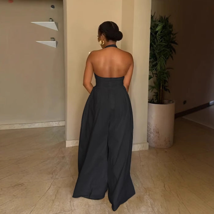 Elegant Halter Neck V-Neck Low-Back Solid Color Wide-Leg Jumpsuit 6