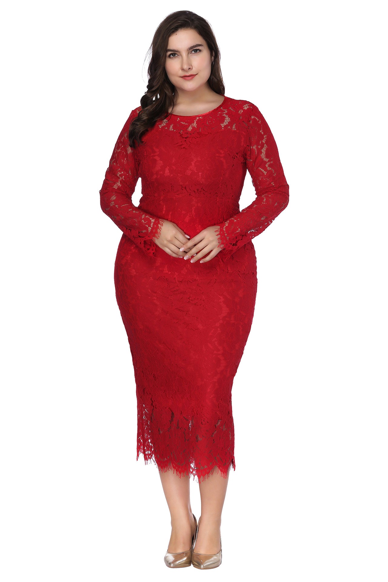 Plus Size Women Long Sleeve Lace Dress 4