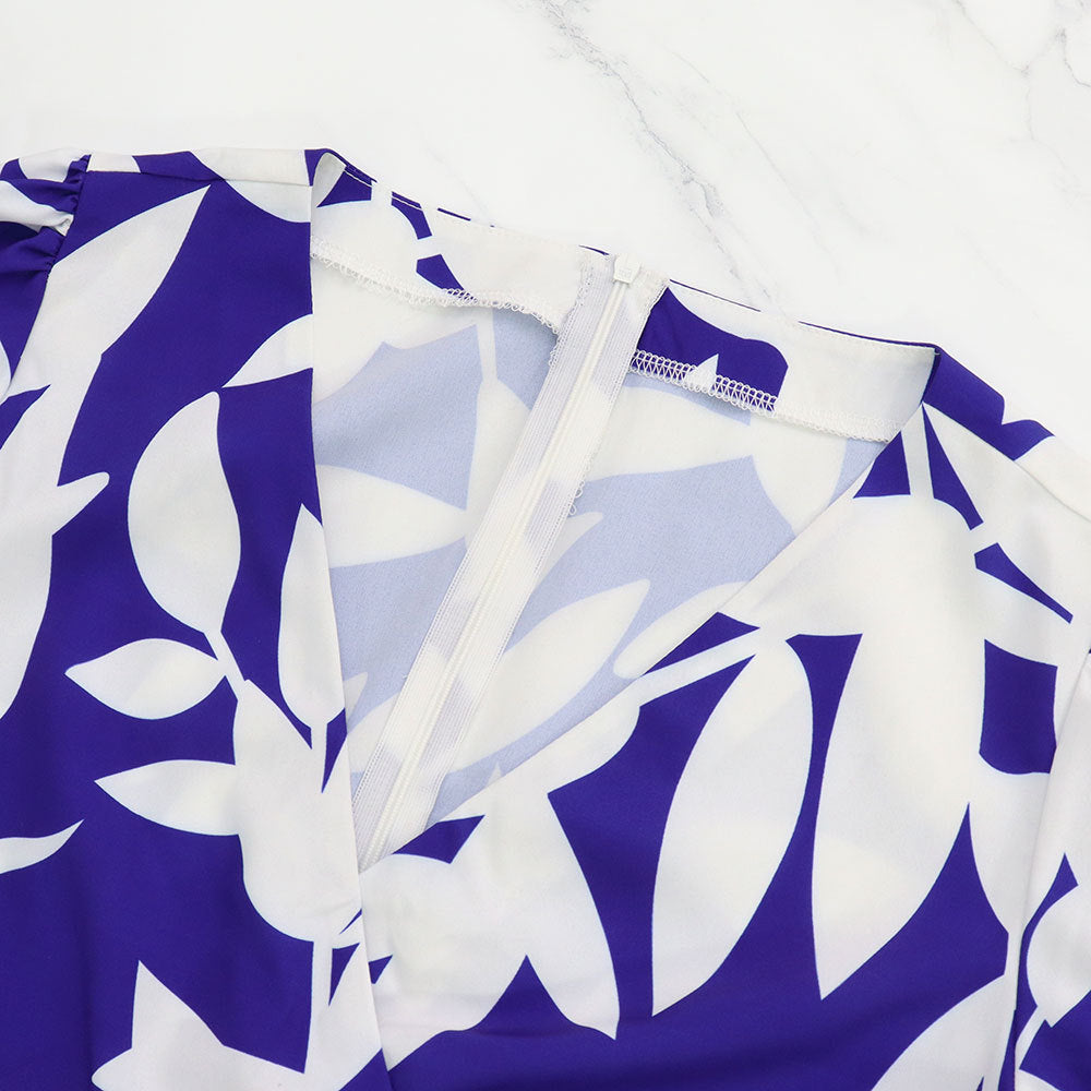 Women Chic V Neck Tie Elegant Print Ruffle Edge Long Skirt 6