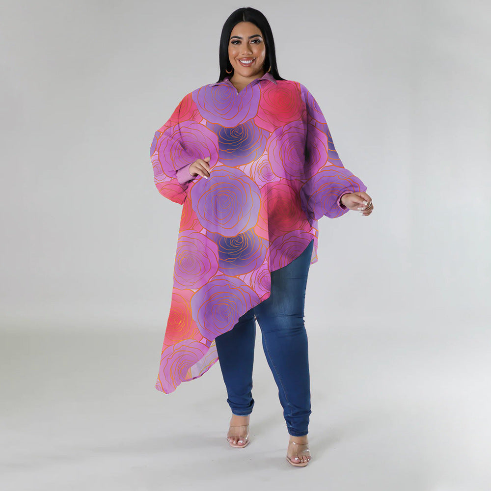 Plus Size Women Long Sleeve Round Neck Sexy Printed Chiffon Top 5