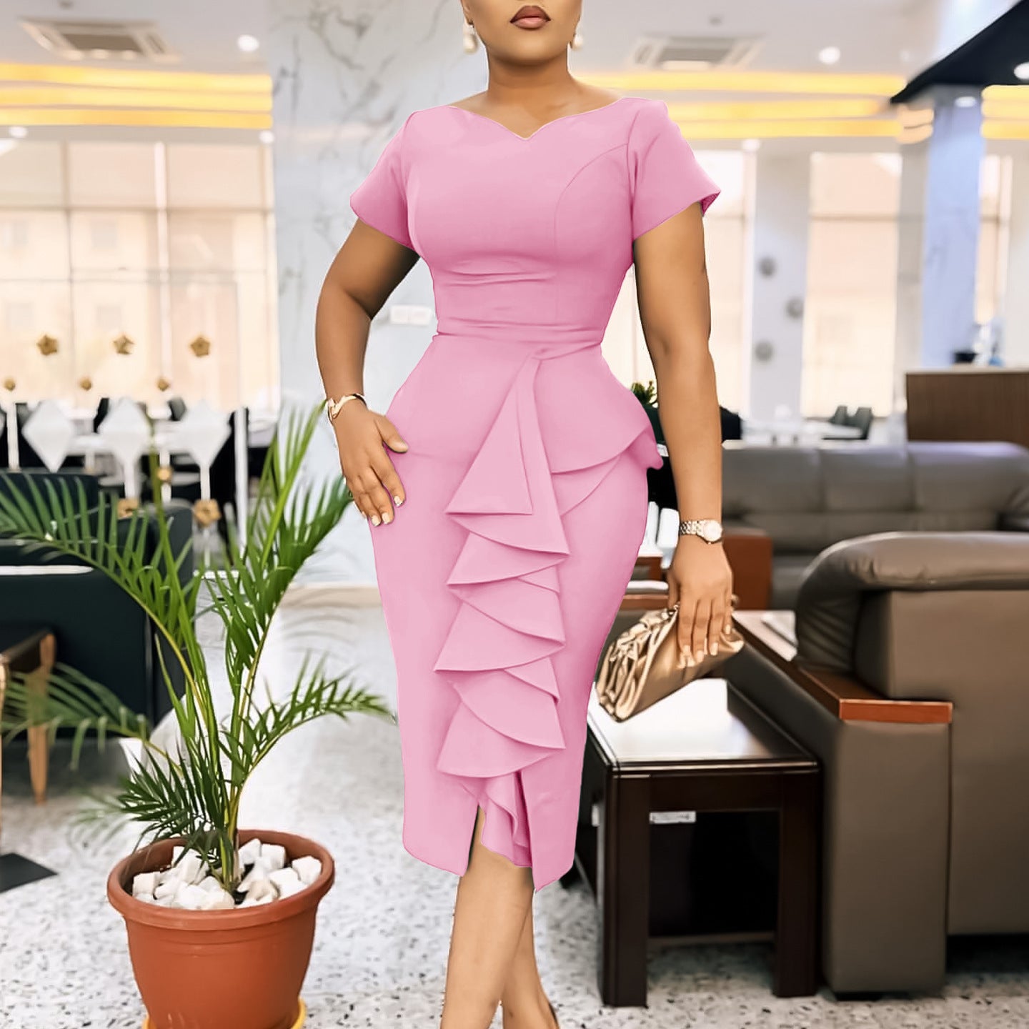 Plus Size Women Short Sleeve Solid Bodycon Ruffled African Dress 7