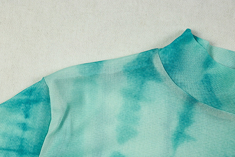 Women Printed Mesh Waist Bodycon High Neck Long Sleeve Chic Dress 10