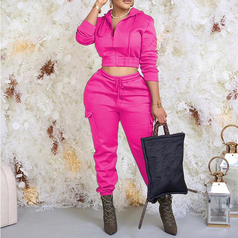 Spring Autumn Women's Fashion Chic Solid Color Zipper Hoodies Trousers Two-Piece Tracksuit 4