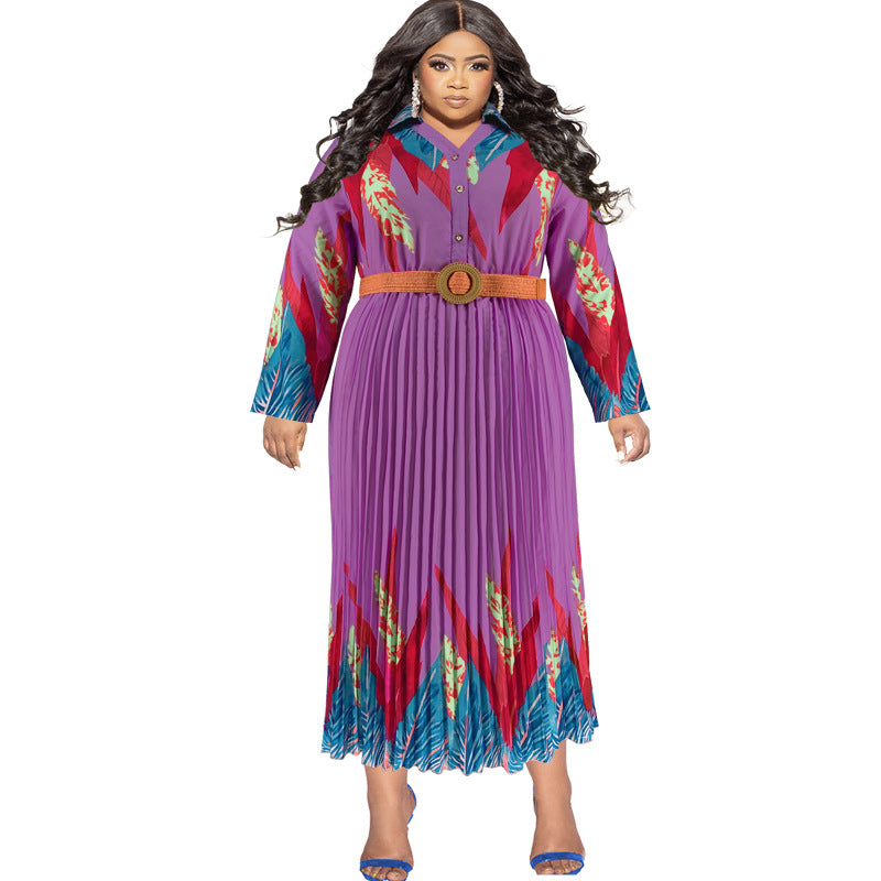 Plus Size Autumn Women's Print Button Long Sleeve Pleated Dress 10