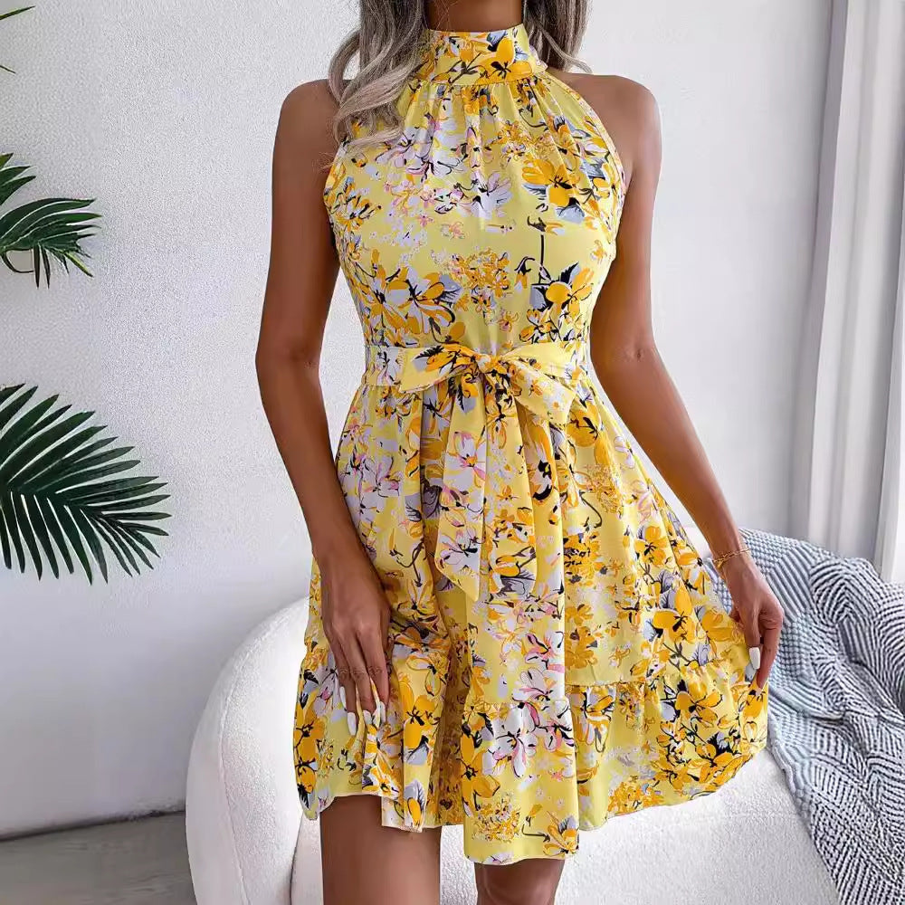 Summer Sleeveless Floral Halter Neck Slim Waist Dress 5