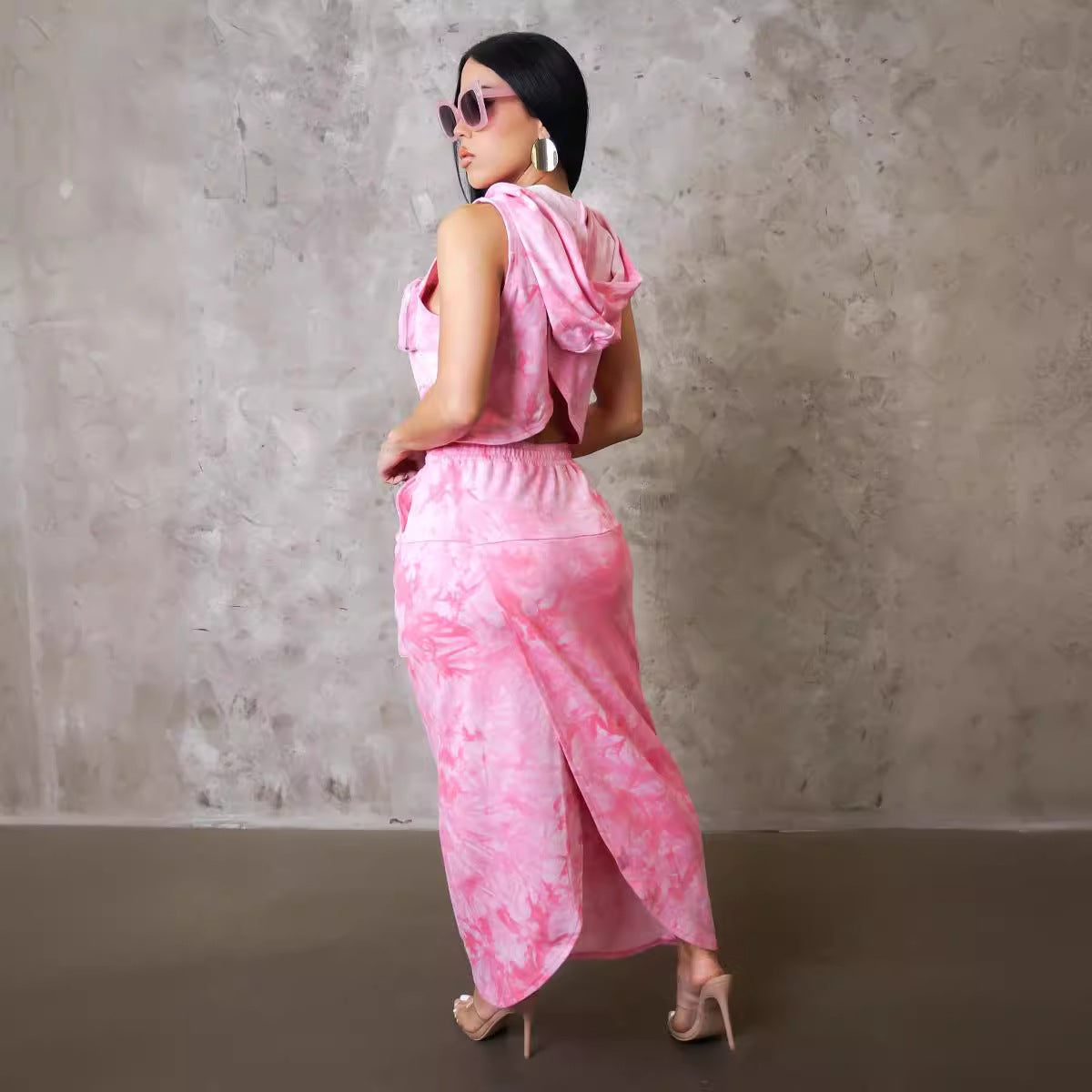 Sexy Loose Printed Hooded Sleeveless Tank Top Cargo Pocket Slit Skirt Set 4