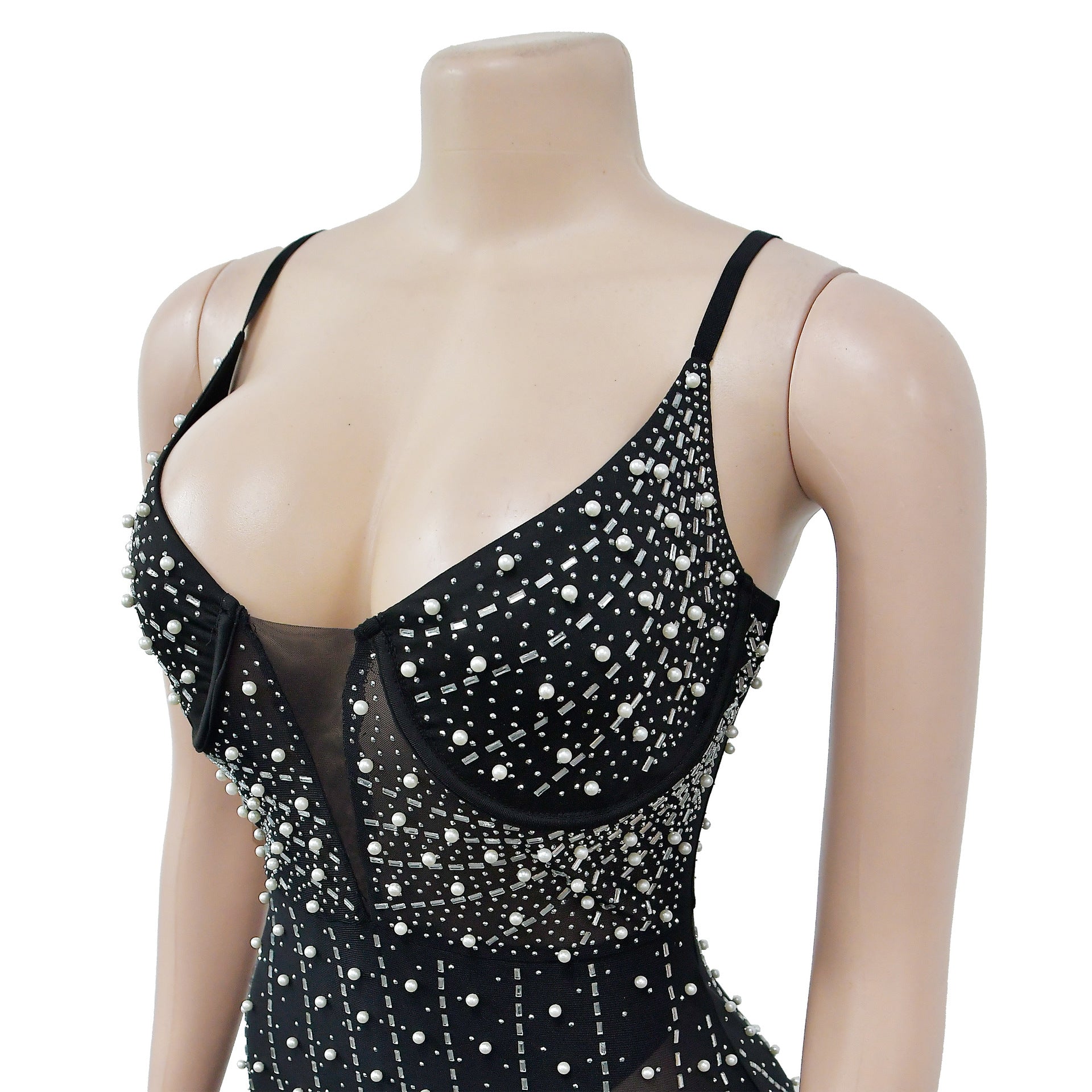 Women Solid Beaded Mesh Sleeveless Dress 14