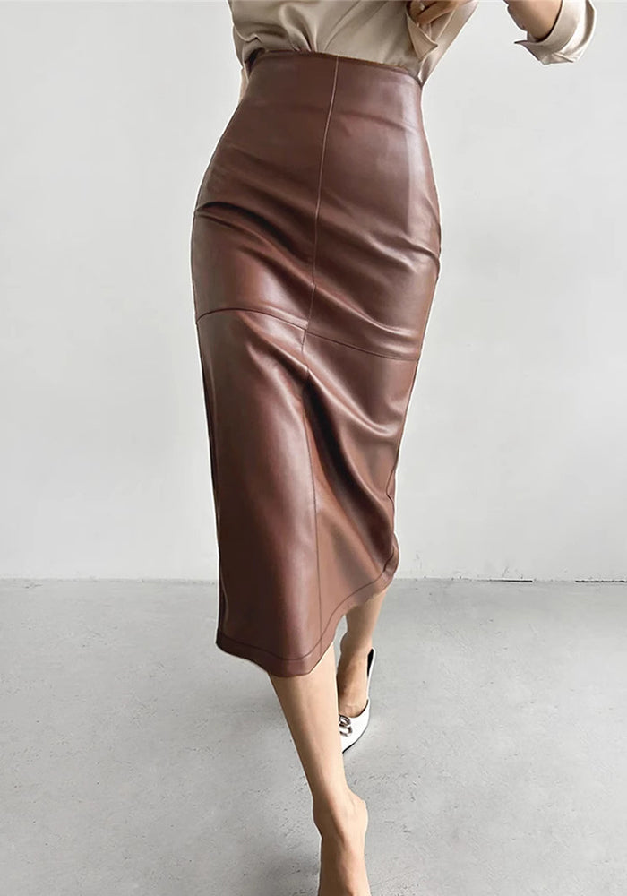 women's fashion spring autumn summer slit high waist straight Long Leather skirt