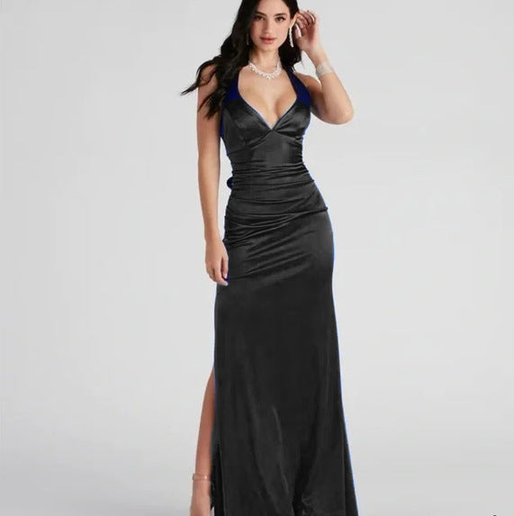 Women Black Formal Party Elegant Satin Strap Dress 8