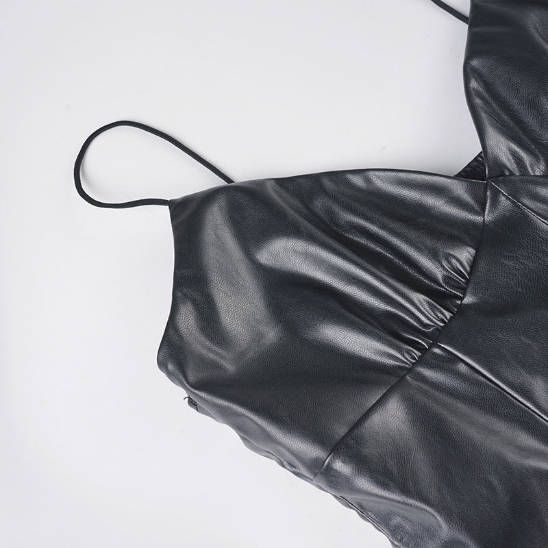 Women sexy V-neck halter slit stretchy Pu-Leather bodycon dress 11