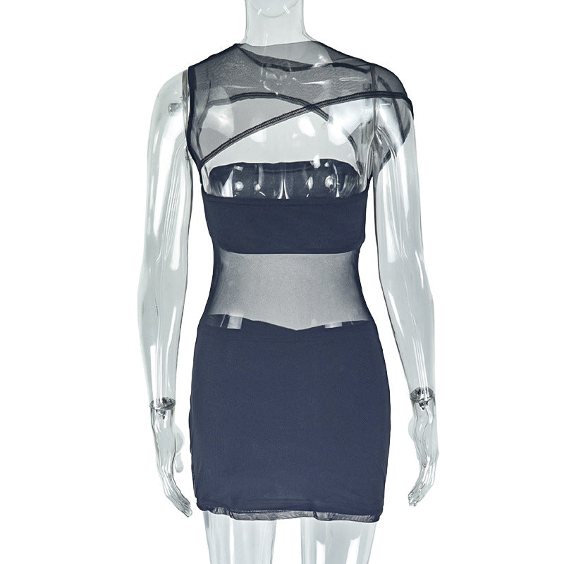 Women Sexy See-Through Bodycon Hollow High-Neck Solid Dress 8