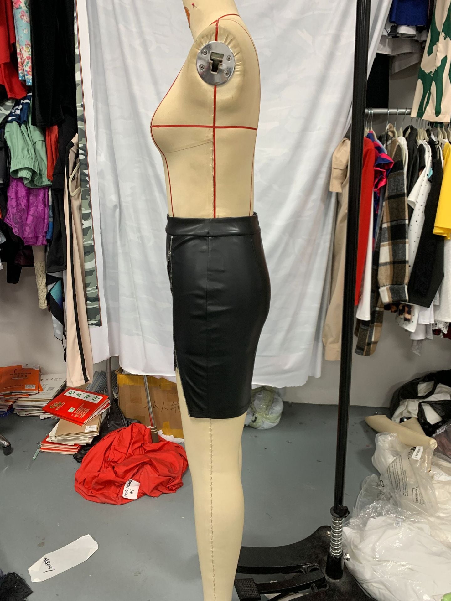 WomenLace Patchwork Bodycon Mid Waist Leather Skirt 8