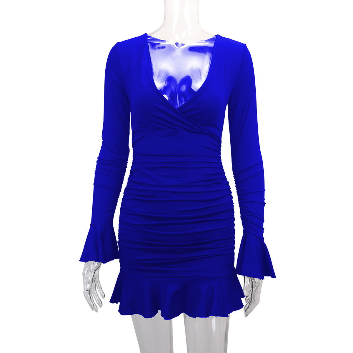 Fashion Sexy Deep V Neck Long Sleeve Ruffle Bodycon Dress 15