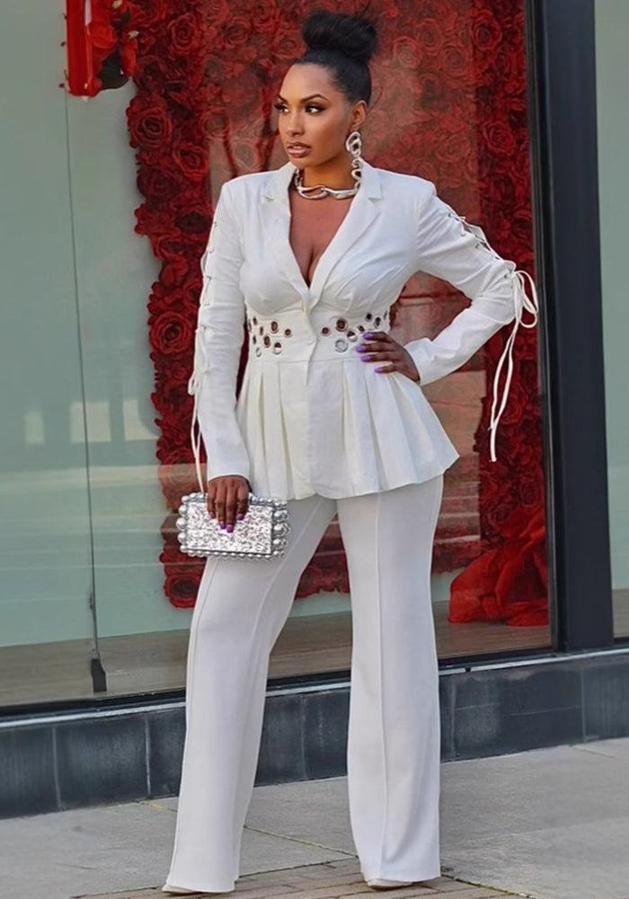 Elegant Career Slim Waist Lace-Up Decor Blazer Two-Piece Set