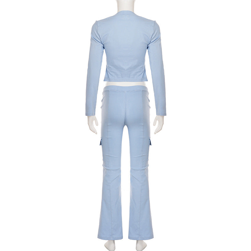 Women Casual Knitting V-Neck Long-Sleeved Zippered Hoodies and Sweatpants Two-Piece Set 9