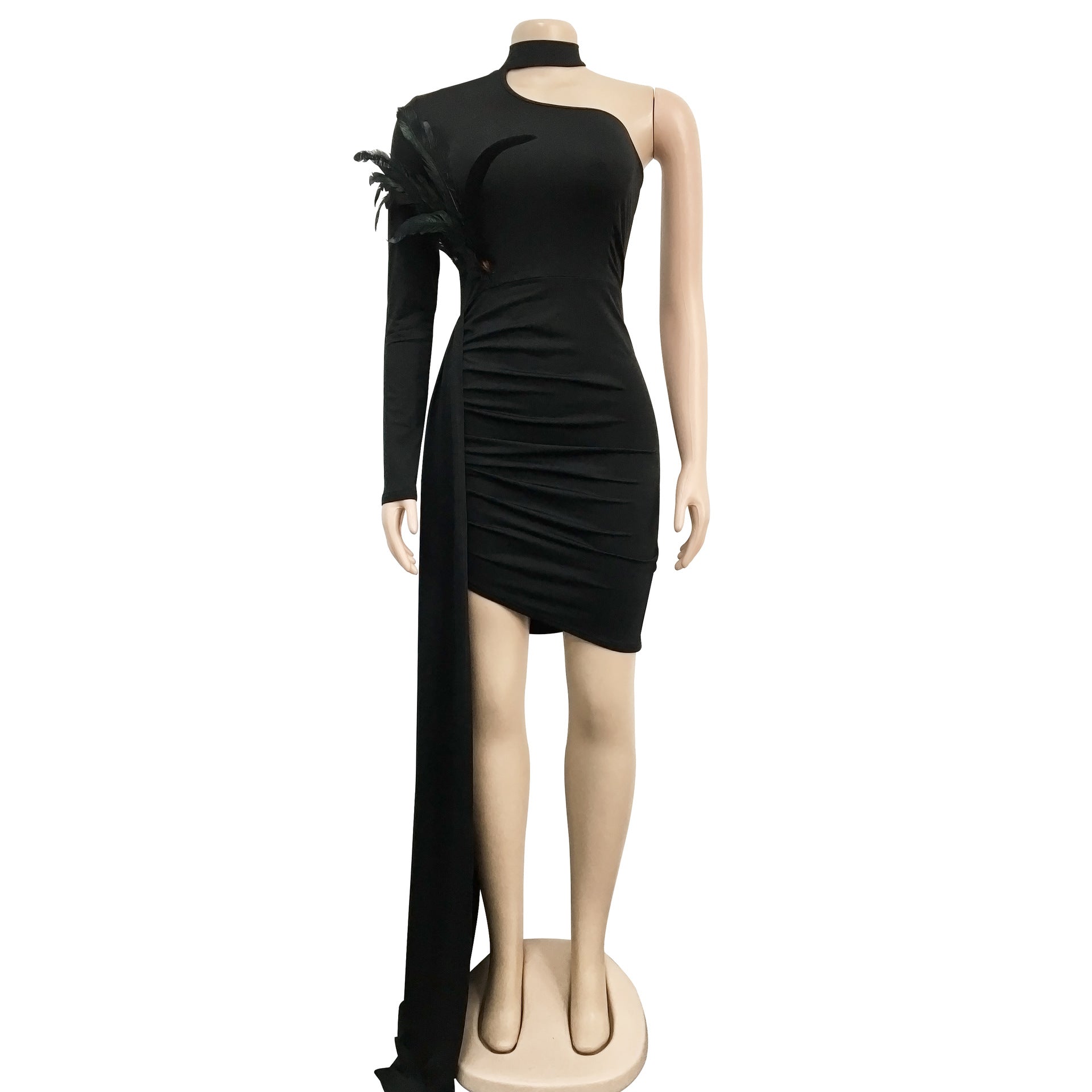 Women Feather One Shoulder Slash Shoulder Dress 14