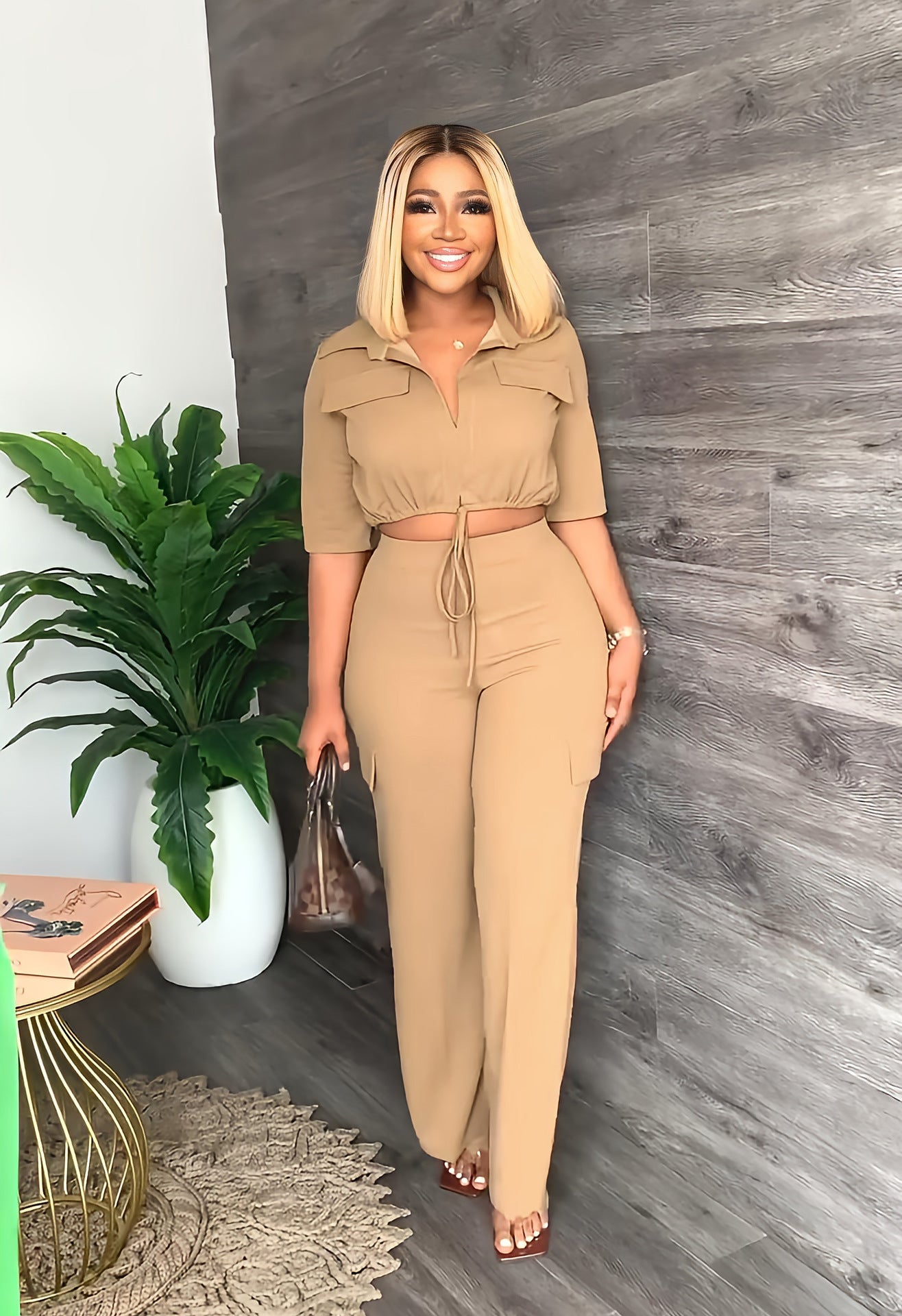 Women Casual Rope Half Sleeve Top+ Pant Two Pieces 4