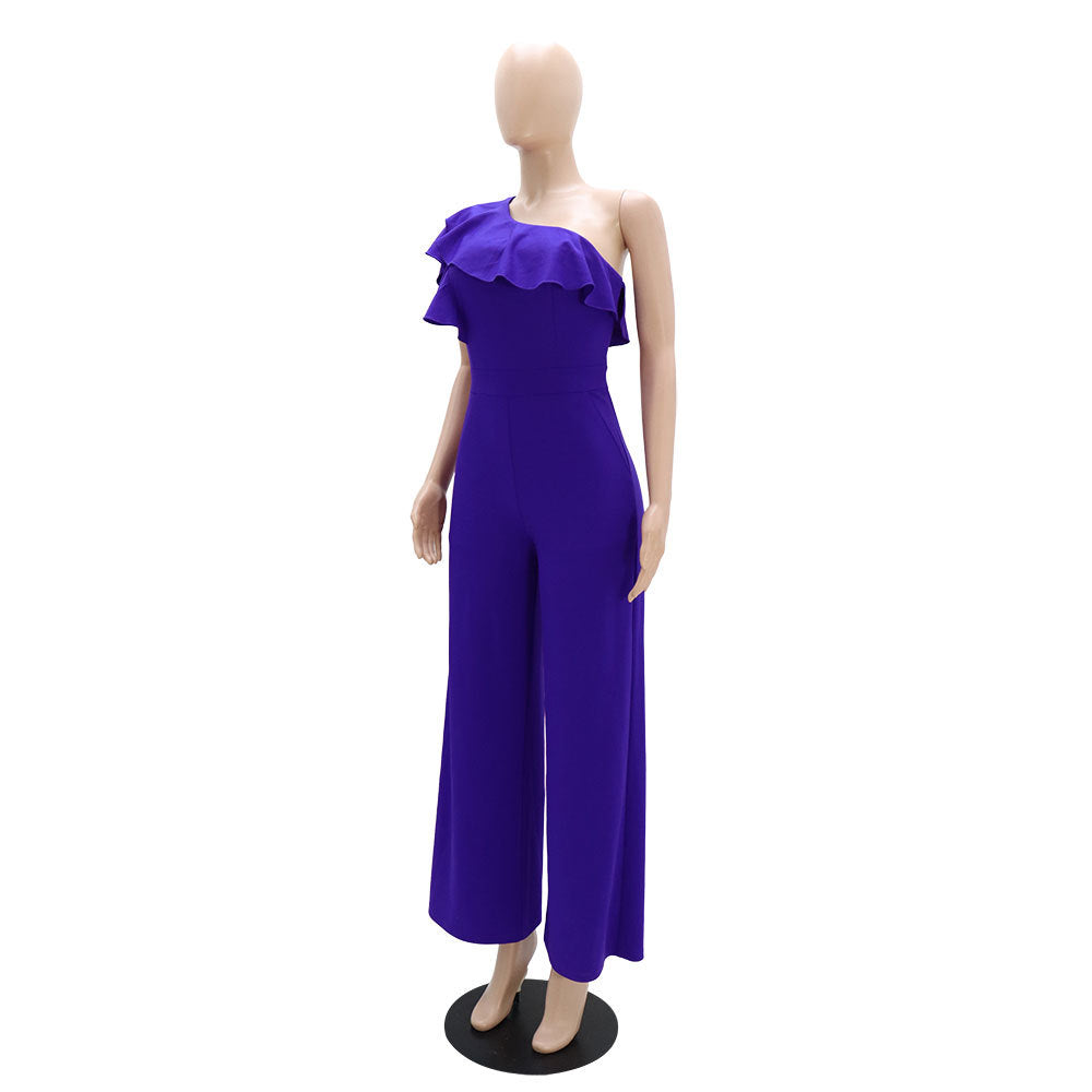 Ruffle One Shoulder High Waist Loose Straight Chic Women's Jumpsuit 14