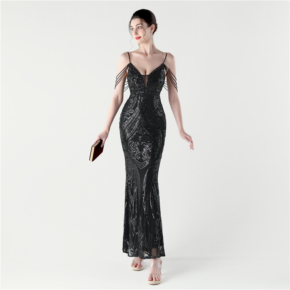Women Formal Party Sequined Beaded Fishtail Evening Dress 7