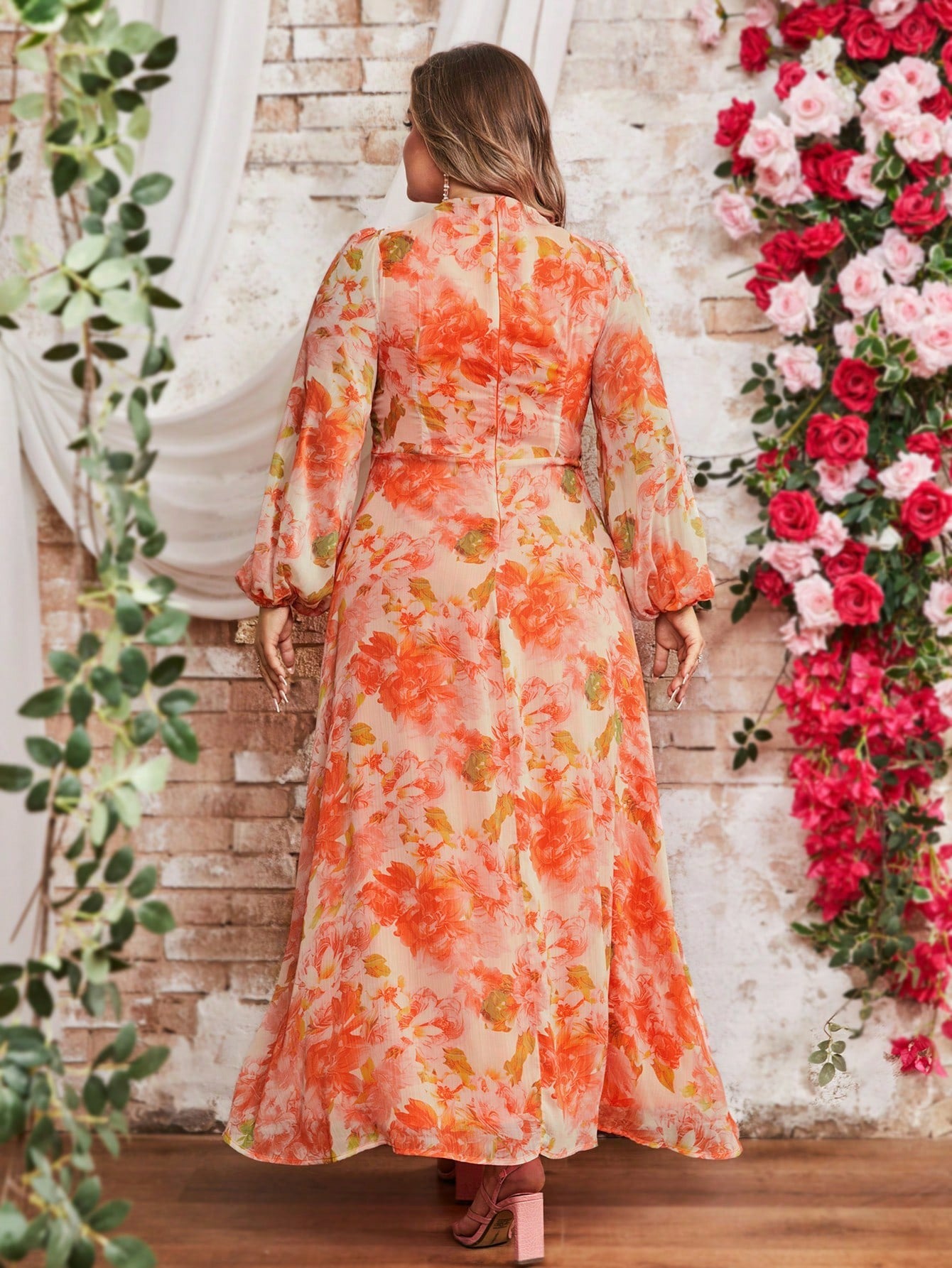 Plus Size Women Spring Summer Floral Chiffon Elegant Holidays Dress 7