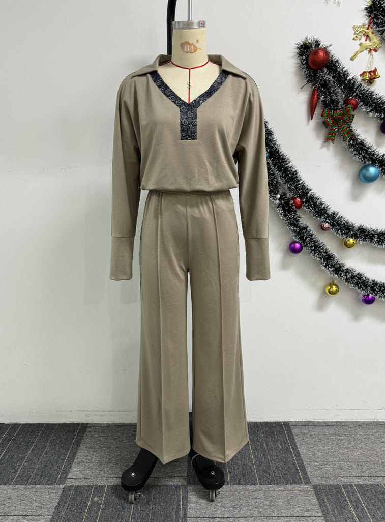 Women Elegant Career Casual V-Type Turndown Collar Long Sleeve Top and Pant Two Piece 8