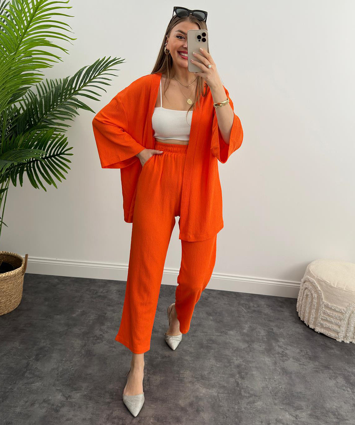 Women Solid long-sleeved shirt and pleated elastic waist trousers two-piece set 4