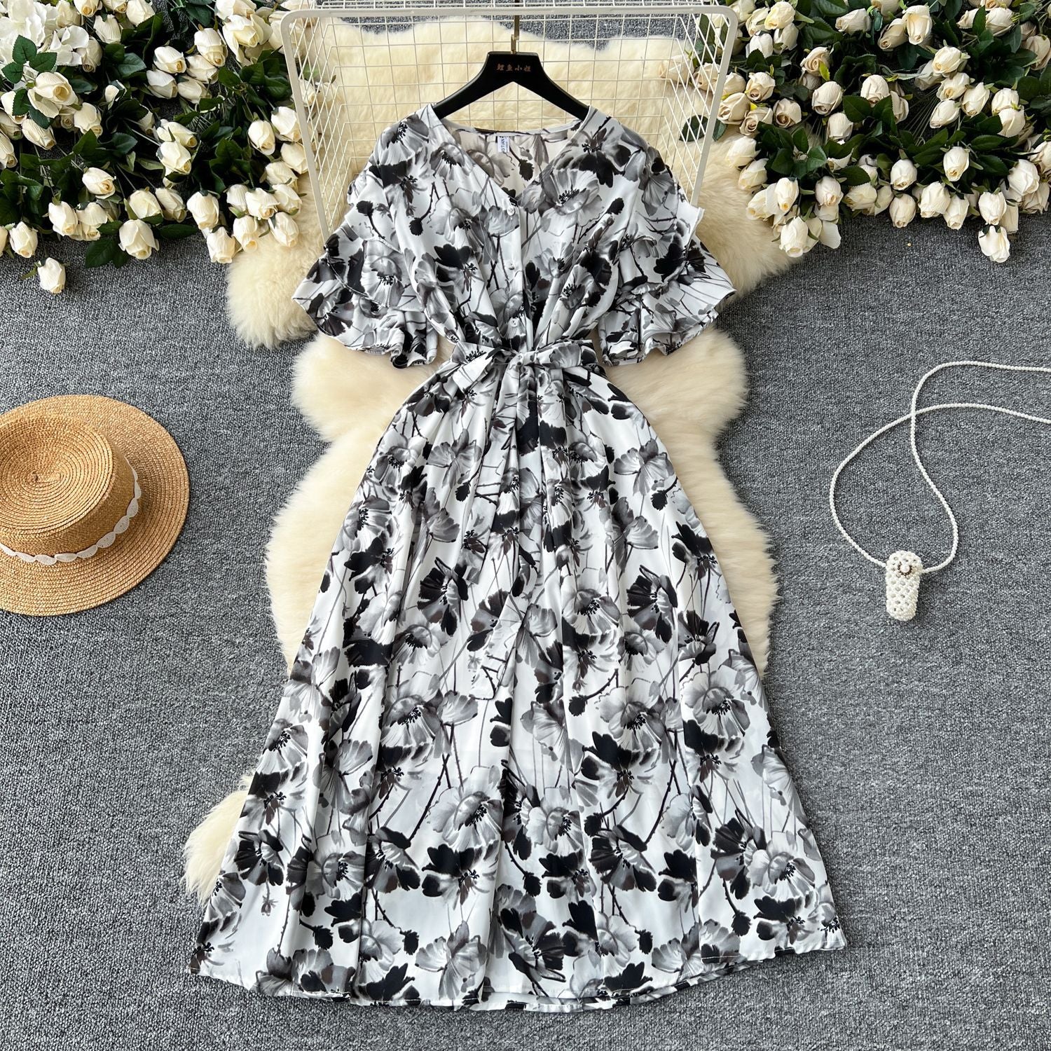 V-Neck Bell Sleeve Tie Waist A-Line Floral Dress 6