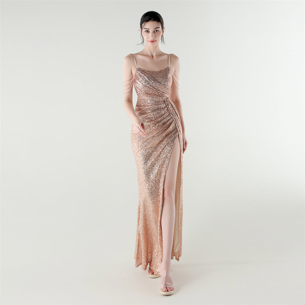 Sexy Low Back Fishtail Sequin Evening Dress Beaded Slim Dinner Gown 14